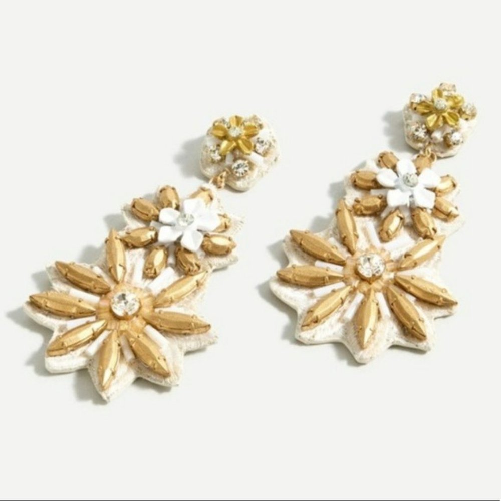 J CREW Floral Golden Blossom Statement Earrings Ivory & Gold NEW NWT